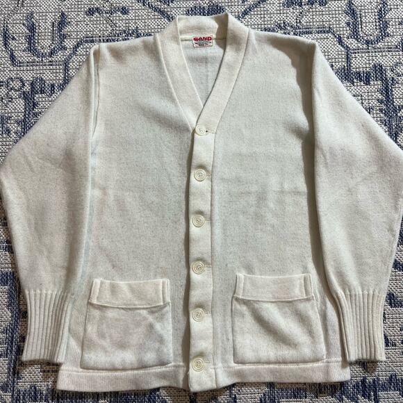 1940's TrueVintage White Wool Sand Knit Cardigan Double Pocket Style SZ M 19x25 - Picture 1 of 7